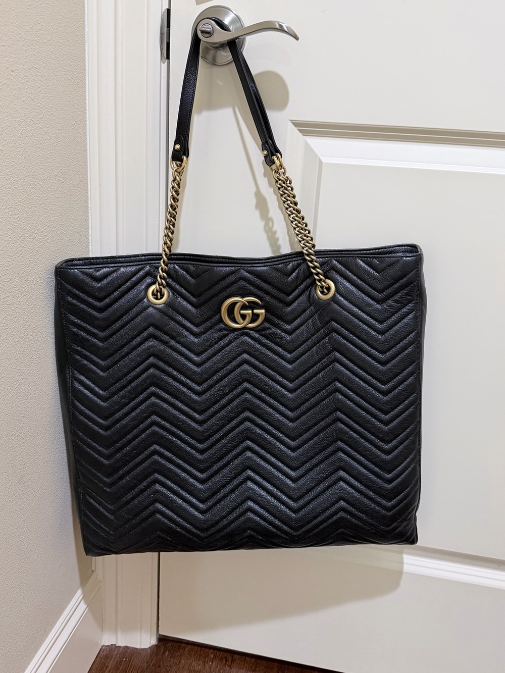 Gucci Black Quilted Chevron Leather Tote with Gold GG Hardware
